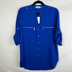 Calvin Klein Regatta Blue Roll-Sleeve Button-Up Blouse with Silver Zipper Detail